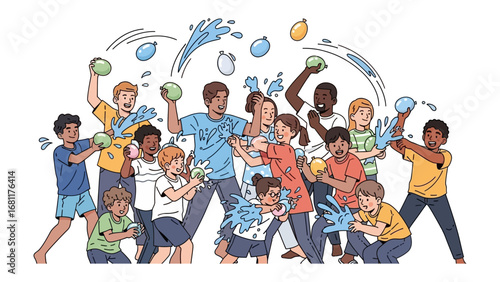Water balloon battle: Capture the essence of summer fun with a lively water balloon fight, showcasing the dynamic interaction and playful rivalry among kids on a sunny day.