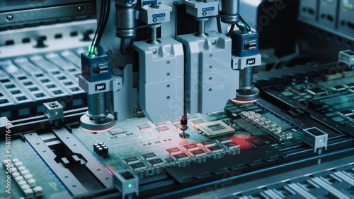 Obraz na plátne Robotic Arms Precisely Place Microchips on Circuit Boards, Showcasing Advanced Automation and Accuracy in Electronic Manufacturing Within a State-of-the-art Facility