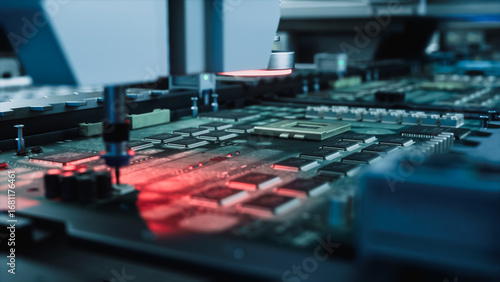 Photos Automated Machinery Places Microchips Onto Circuit Boards, Precision Robotics for Semiconductor Production