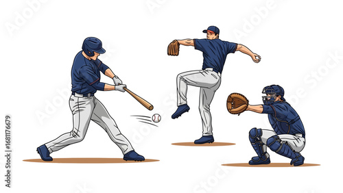 Baseball Players in Action: Dynamic illustration capturing the essence of baseball with a batter, pitcher, and catcher frozen in the heat of the game.