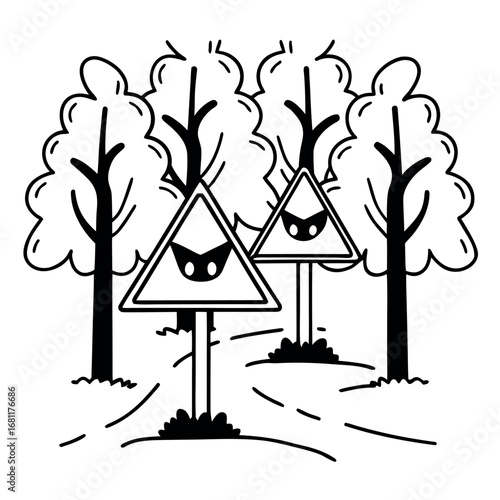Whimsical forest with masked creature warning signs trees playful
