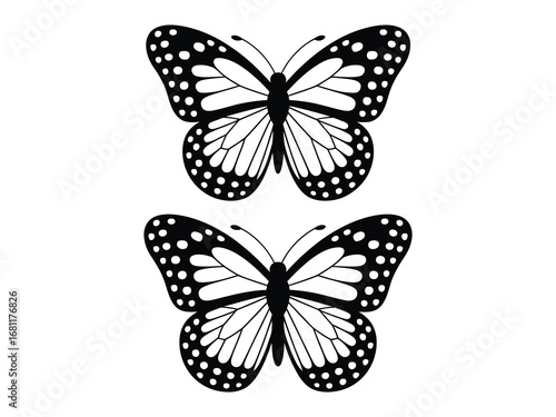 A simple black and white vector illustration featuring two monarch butterflies with patterned wings, isolated on a clean background