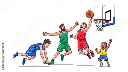 Basketball Action: A vibrant illustration captures the dynamic energy of a basketball game, with players engaged in action, showcasing teamwork, skill, and competitive spirit.