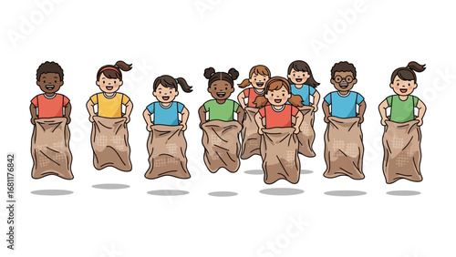 Joyful Sack Race: A vibrant illustration captures the pure, unadulterated fun of a sack race, featuring a group of diverse, happy children jumping and laughing together.
