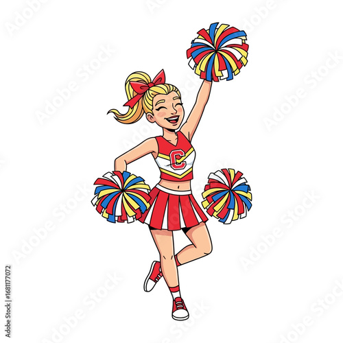 Cheerleader's Spirit: A spirited cheerleader in a vibrant red uniform joyfully performs a routine with pom-poms, exuding energy and enthusiasm.