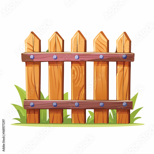 A wooden fence on green grass. A vector illustration for a garden, farm, or park concept. A simple, rustic boundary for a country or rural scene. Generative AI
