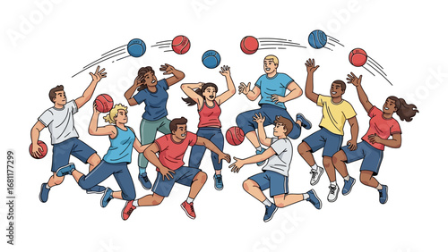 Dodgeball game in motion: A group of enthusiastic people participate in a dynamic game of dodgeball, the illustration highlights teamwork, competition, and athletic skill.