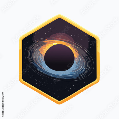 Black Hole Illustration in a Golden Hexagon Frame
