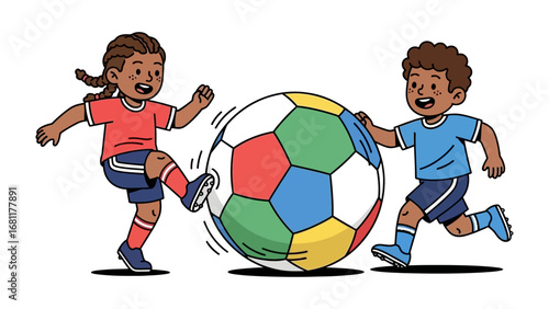 Young Soccer Players: Two joyful youngsters, a girl and a boy, engage in a lively soccer match, a colorful ball adding a touch of playful vibrance to their spirited game. 