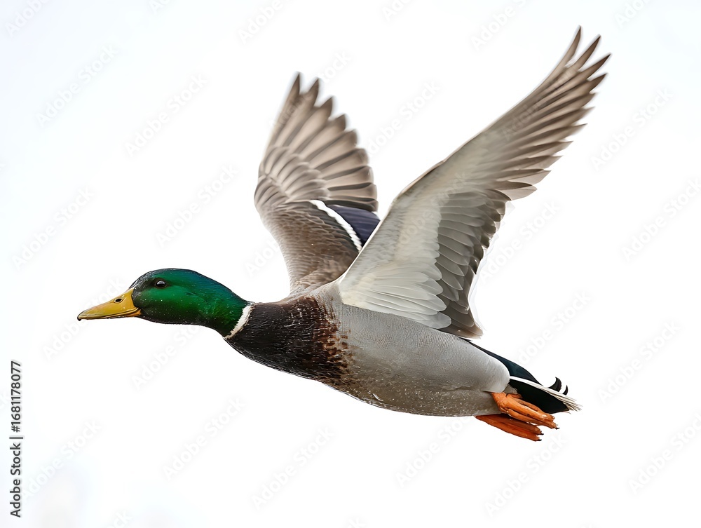 Fototapeta premium Green-Headed Bird in Air Movement on White Surface 