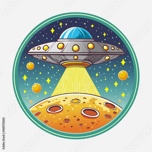 Cartoon UFO hovering over a cratered planet
