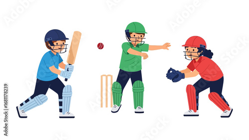 Cricket game for children: A playful and vibrant illustration capturing the spirit of cricket as children enthusiastically engage in the sport, showcasing teamwork and joyous activity.