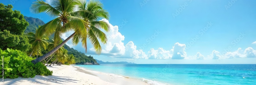 Fototapeta premium A lone coconut tree sways gently in the tropical breeze on a pristine beach, bathed in the warm sunlight; a perfect vacation getaway Paradise found , scenery, ocean, relaxing