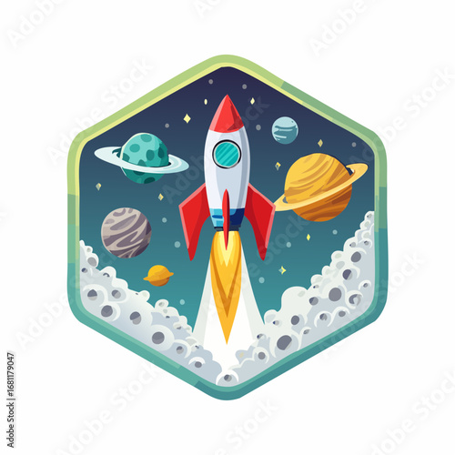 Rocket Launch in Space with Planets and Stars in a Stylish Emblem