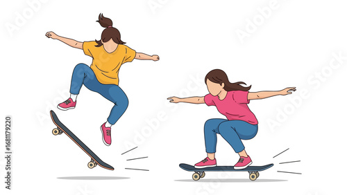 Skateboarding Scene: A dynamic illustration of two skateboarding individuals showcases skillful maneuvers in a vibrant display of movement and action.