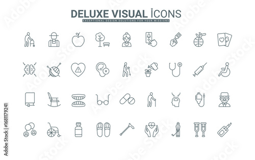 Grandfather and grandmother hobby, help of nurse thin black outline symbols vector illustration. Senior people care, medical service and recovery, leisure of retirement line icons set.