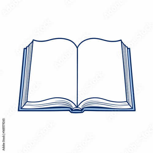 An old, blank open book with empty white pages is isolated on a white background