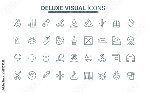 Synthetic and wool, leather and cotton textiles for clothes, breathable material, waterproof and thermal protection thin black and red outline symbol vector illustration. Fabric feature line icons set