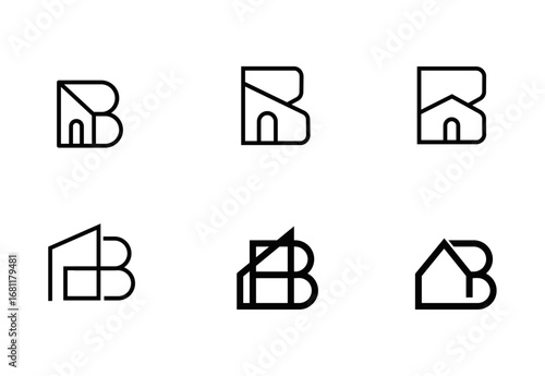 Letter B House Logo Set. Minimalist Home and Building Outline Icons for Real Estate Branding and Property Development.