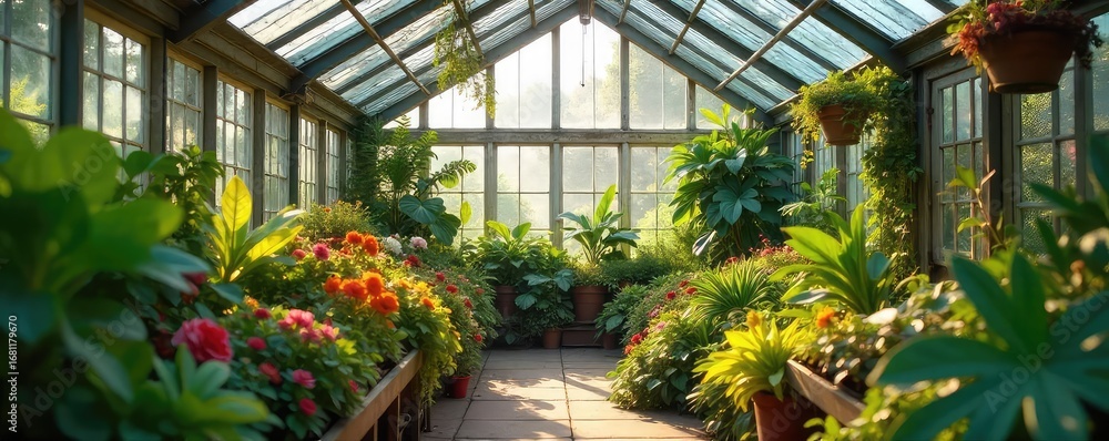 Obraz premium A lush, vibrant greenhouse overflowing with healthy plants and flowers, sunlight streaming through the glass roof , building, seedlings, beautiful