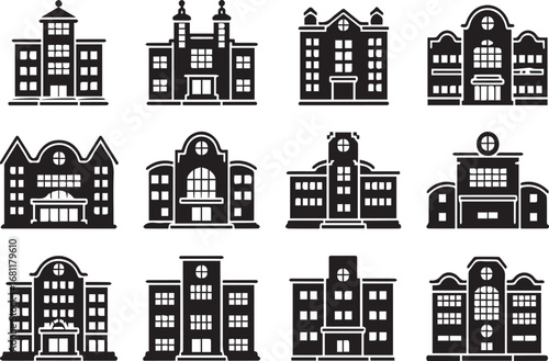 Hospital buildings silhouette set