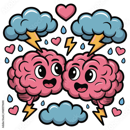 Cute Cartoon Brains in Love with Clouds and Lightning – Vector Illustration