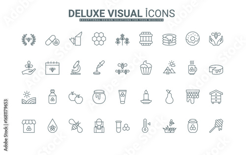 Certificate for honey, bee, hive, hexagon honeycomb, wax for candle, dipper, and jar thin black outline symbols vector illustration. Honey products, beekeeper, and apiary line icon set.