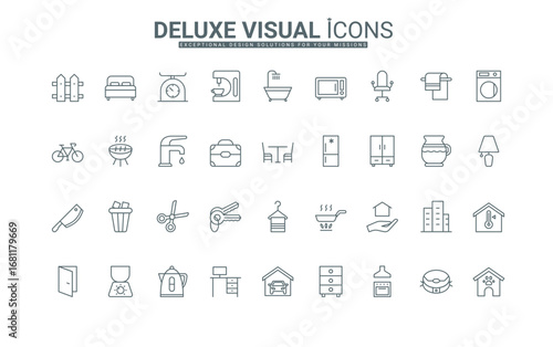 Kitchen electric appliances for cooking, cleaning home, and washing thin black outline symbols vector illustration. Household equipment and furniture, smart home, and garage line icons set.