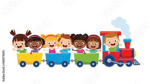 Whimsical Train Ride: A cheerful cartoon illustration features a colorful train filled with excited children, each waving with glee, evoking a sense of adventure and playful wonder.