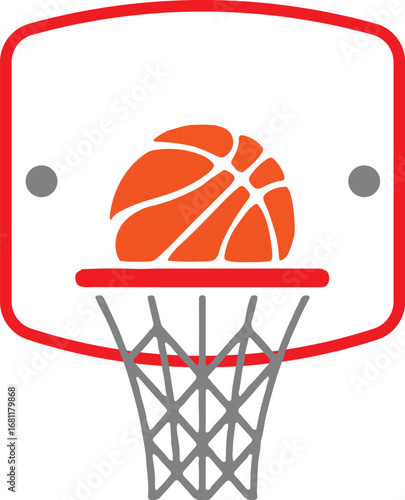 A vector illustration of a basketball going through a red hoop with a gray net against a white background.