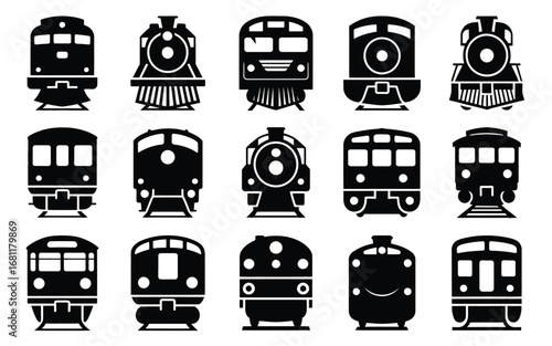 Vector art of collection of train locomotives, showcasing vintage railroad transport with steam engines in retro silhouette style and graphic design