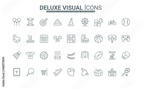 Playground and amusement park equipment, kindergarten toys thin black outline symbols vector illustration. Sports activity, education, and active outdoor games for kids line icons set.