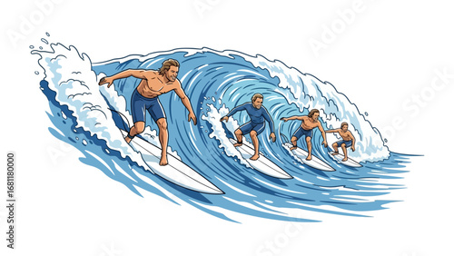 Surfers and the Big Wave: A dynamic illustration capturing the exhilarating moment as surfers ride a towering wave, embracing the raw power of the ocean.