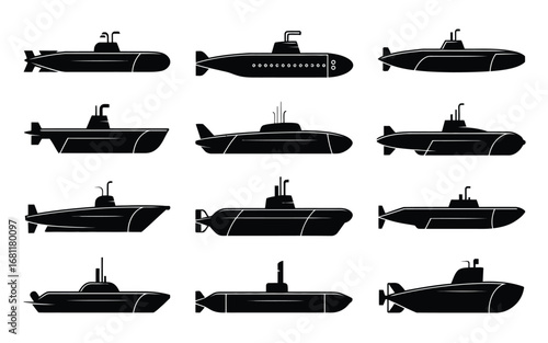 Vector art of submarine vector illustration set, showcasing various naval vessels for marine exploration and military defense purposes