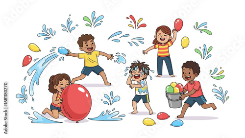 Playful Splash: A vibrant illustration captures a joyful group of kids engaged in a spirited water balloon fight, embodying the spirit of summer fun.