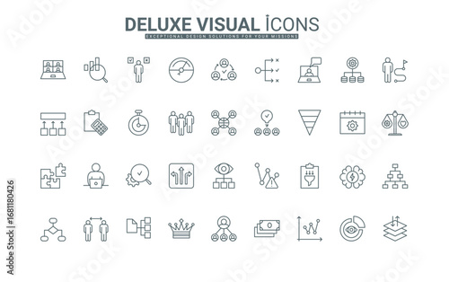 Business team organization, success algorithm, and procedures thin black outline symbols vector illustration. Project management, company infrastructure for productivity growth line icons set.
