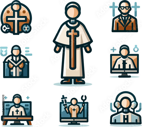 Collection of Flat Cartoon Vector Illustrations of Christian Religious Clergy, Priests, and Church Leaders with Cross, Bible, Angel Wings, Medical and Spiritual Symbols for Faith and Religion Design