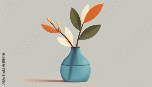 Stylized Teal Vase with Autumn Foliage in Serene Mid-Century Modern Design