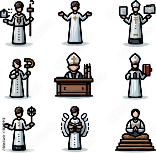 Collection of Flat Cartoon Vector Illustrations of Christian Religious Clergy, Priests, and Church Leaders with Cross, Bible, Angel Wings, Medical and Spiritual Symbols for Faith and Religion Design