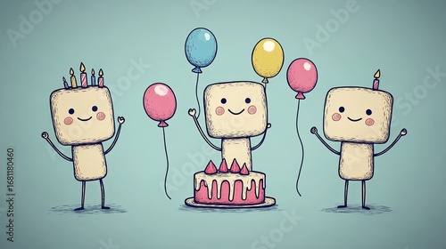 Cute cake characters celebrating a birthday party with balloons and a cake