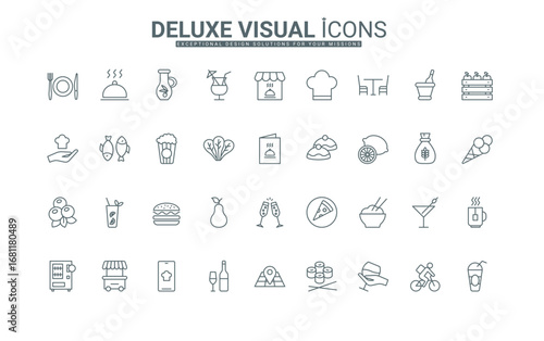 Chefs food and cake menu, order in mobile app, and delivery, banquet thin black outline symbols vector illustration. Restaurant food and drink, kitchen supplies, and service line icons set.