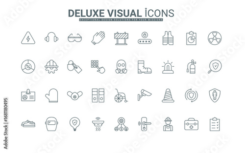 Personal secure workwear and glasses, protection against risk of accidents and disability thin black outline symbols vector illustration. Health safety regulations at work line icons set.