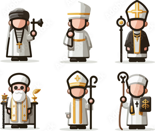 Collection of Flat Cartoon Vector Illustrations of Christian Religious Clergy, Priests, and Church Leaders with Cross, Bible, Angel Wings, Medical and Spiritual Symbols for Faith and Religion Design