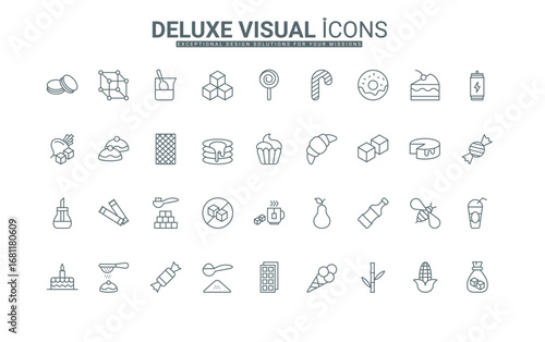 Sugar cubes, powder, bowl, stick, sweet food, drink, sugarless thin black outline symbols vector illustration. Sugar and sweetener, confectionery and bakery products line icon set.
