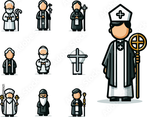 Collection of Flat Cartoon Vector Illustrations of Christian Religious Clergy, Priests, and Church Leaders with Cross, Bible, Angel Wings, Medical and Spiritual Symbols for Faith and Religion Design