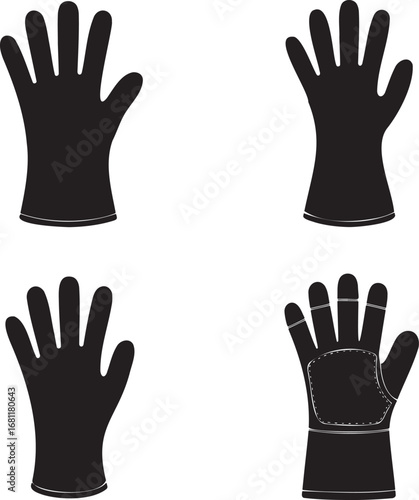 Glove Silhouettes Set in 2x2 Grid – Vector Icons of Protective, Safety, Work, and Rubber Gloves on White Background