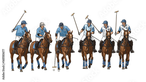 Polo Players in Action: A graphic illustration showcases a polo match in full swing, with riders mounted on horseback, poised to strike the ball in a display of athleticism and skill.