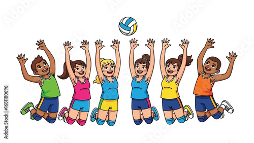 Volleyball Team in Action: A dynamic group of young volleyball enthusiasts, their energy soaring as they leap in unison toward the volley ball during a competitive moment.