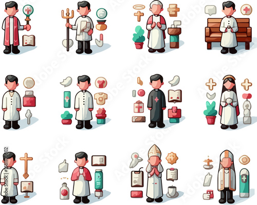Collection of Flat Cartoon Vector Illustrations of Christian Religious Clergy, Priests, and Church Leaders with Cross, Bible, Angel Wings, Medical and Spiritual Symbols for Faith and Religion Design
