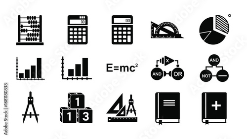 Mathematical Icons: A collection of meticulously crafted icons showcasing diverse mathematical concepts, from essential tools to intricate symbols, each detail rendered with precision and clarity.